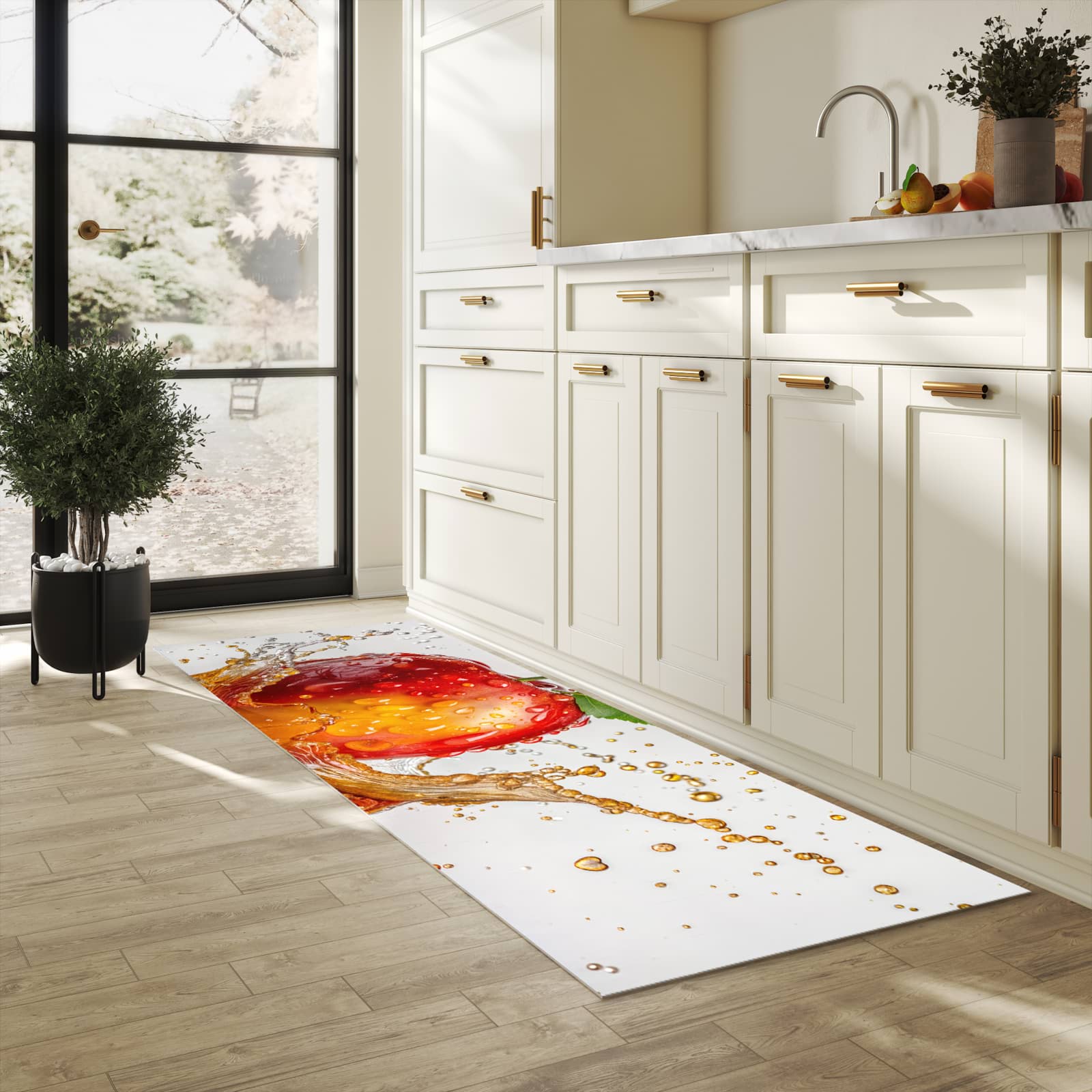 Rutschfester Küchenläufer mit Motiv Apfel von Spritzender für Trittkomfort in heller Küche