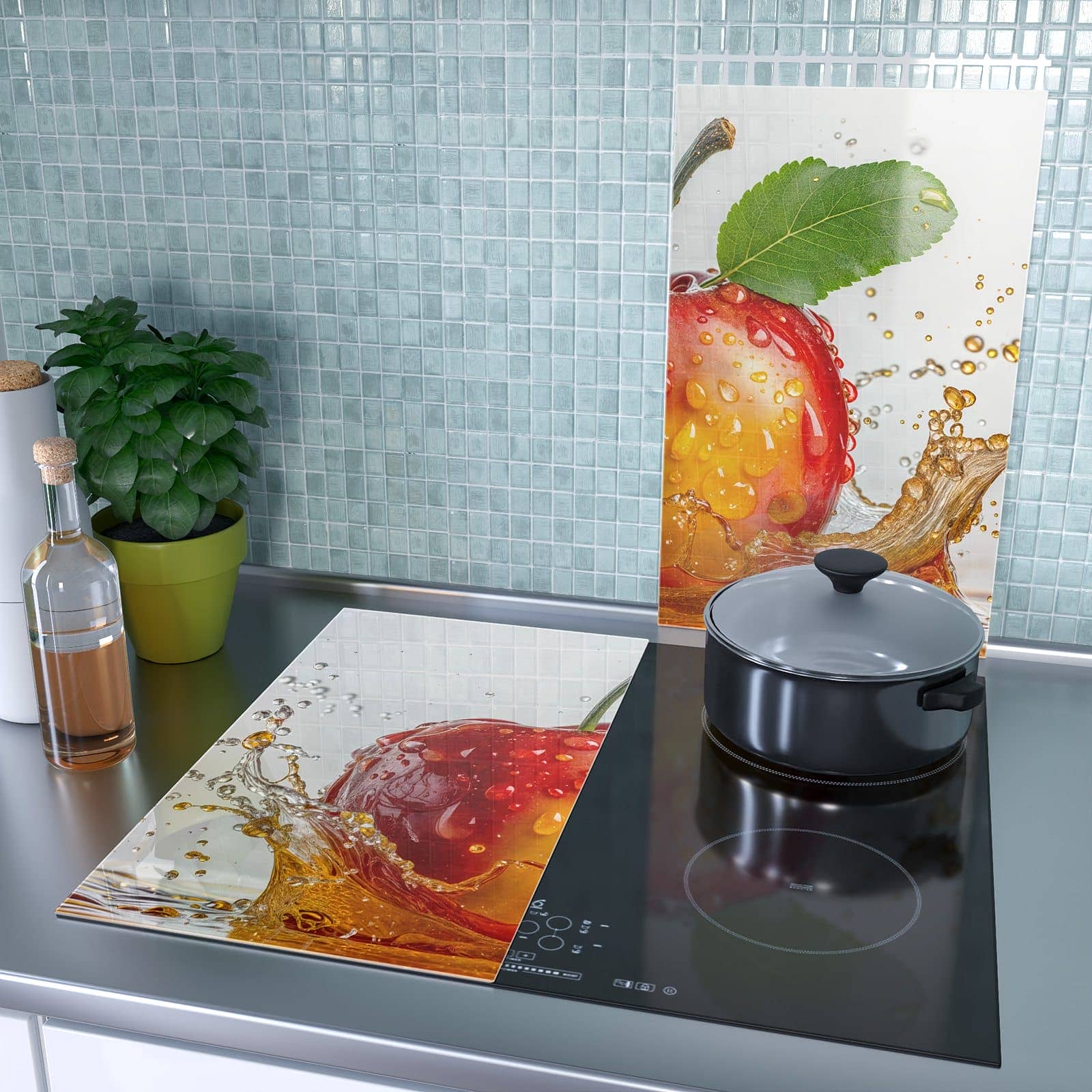 2-teilige Herdabdeckplatte mit Apfel mit Saftspritzer-Motiv als Spritzschutz hinter dem Kochfeld