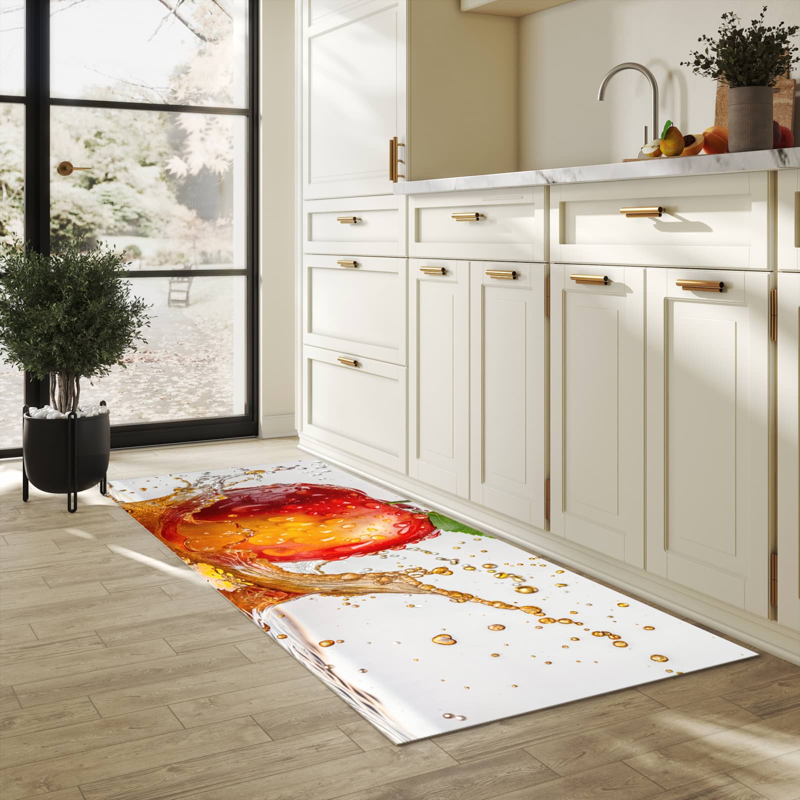 Geruchsneutraler rutschfester Küchenläufer mit Motiv Apfel von Spritzender in heller Küche