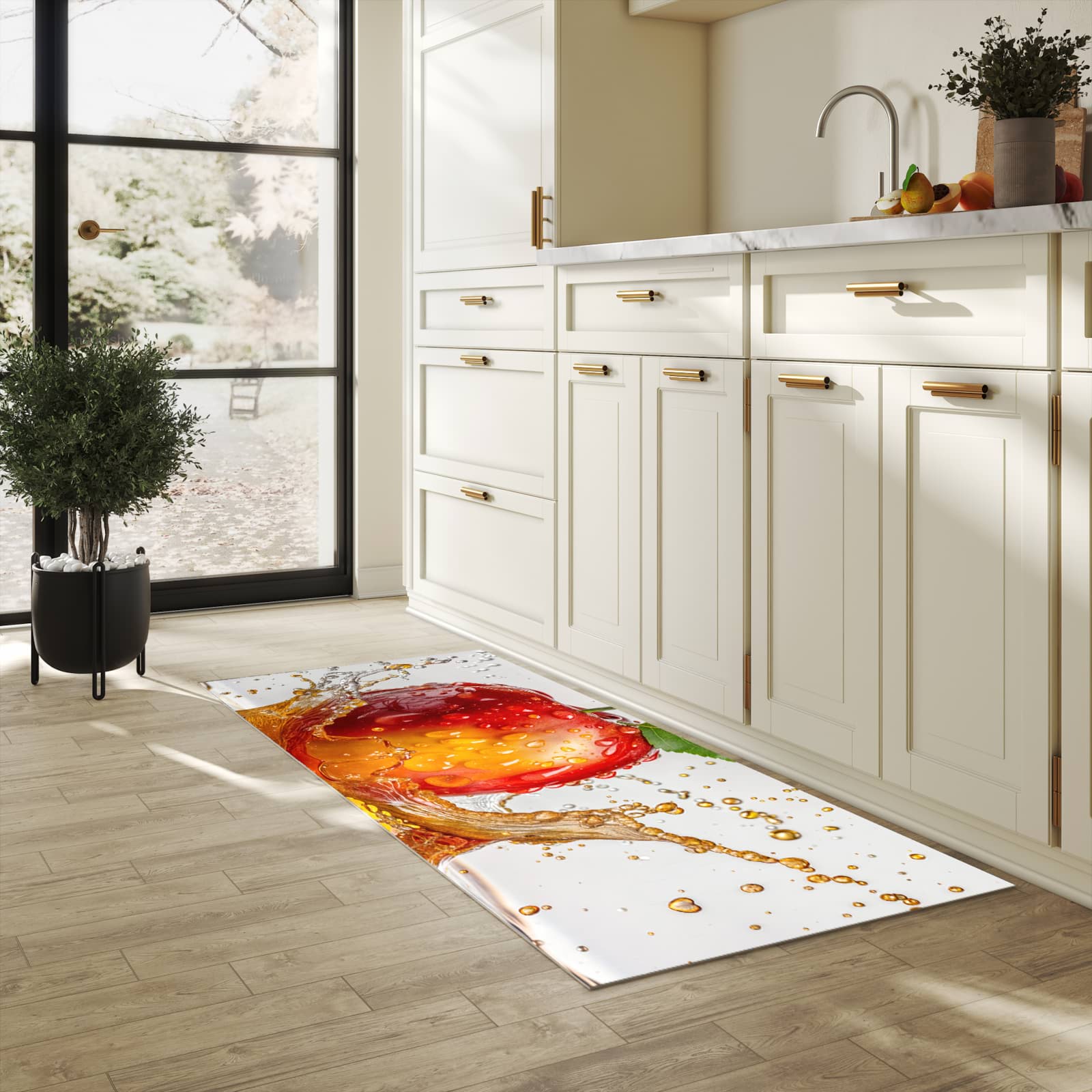 UV-beständiger Küchenläufer mit Motiv Apfel von Spritzender in heller Küche