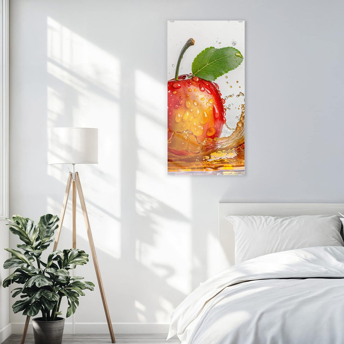 Wandbild aus Glas Apfel mit Saftspritzer über einem Bett im hellen Schlafzimmer