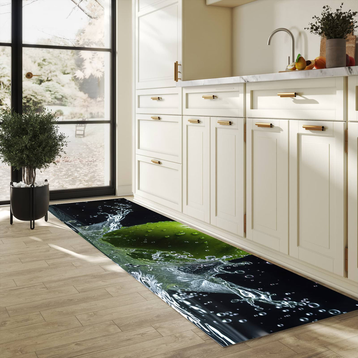 Feuchtigkeitsresistenter Küchenteppich mit Motiv Apfel im Wasser in heller Küche