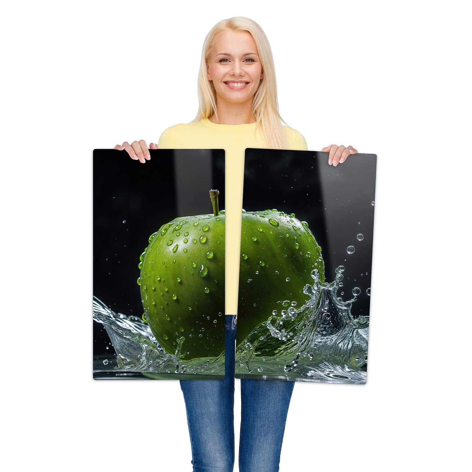 2-teilige Abdeckplatten für Ceranfeld mit Apfel im Wasser-Motiv wird zur Größendarstellung gehalten