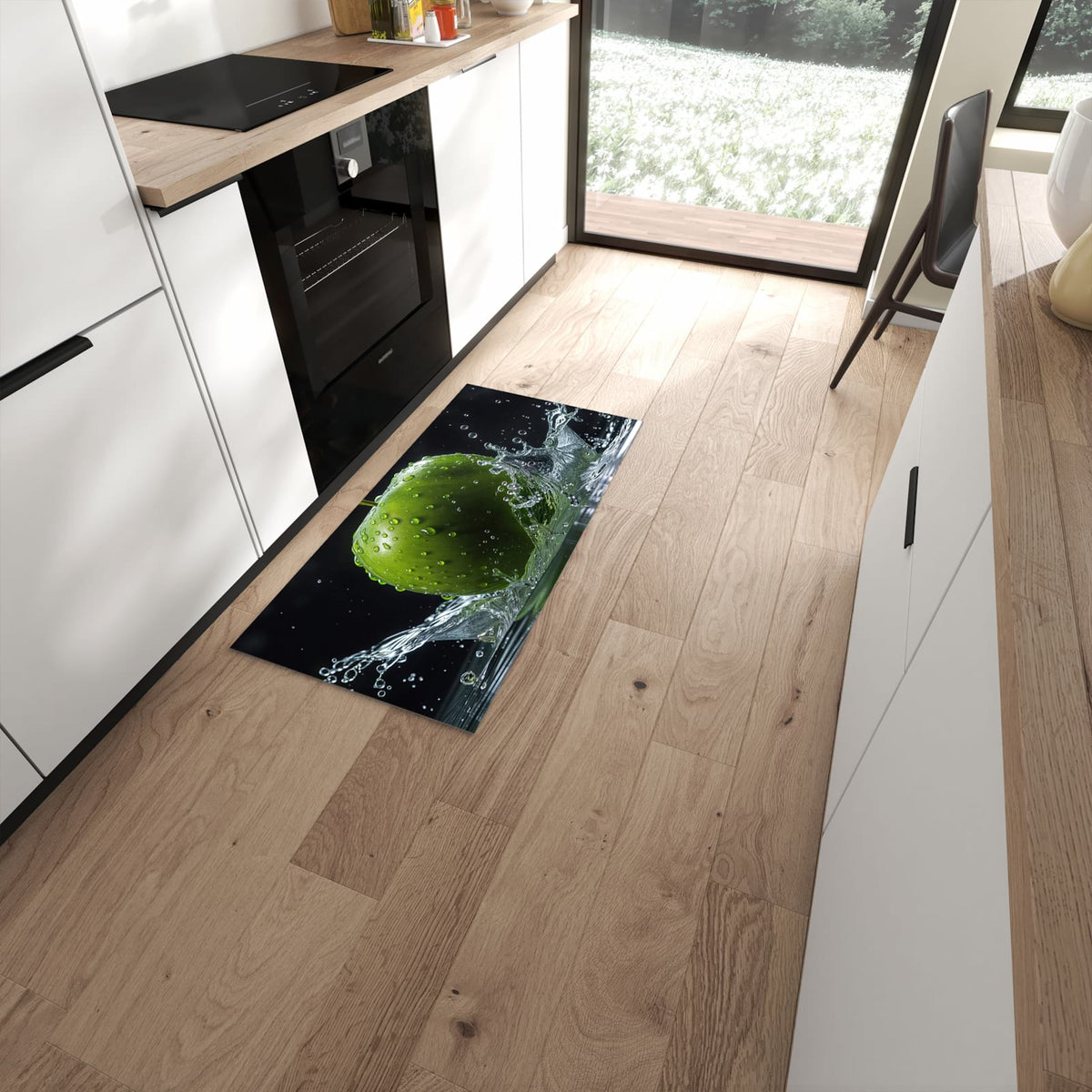 Geruchsneutraler Küchenteppich mit Motiv Apfel im Wasser in moderner Küche #grösse_60 x 120 cm