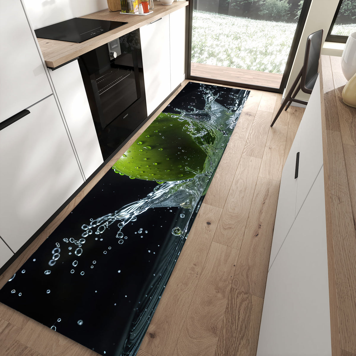 Waschbarer Küchenläufer mit Motiv Apfel im Wasser in moderner Küche