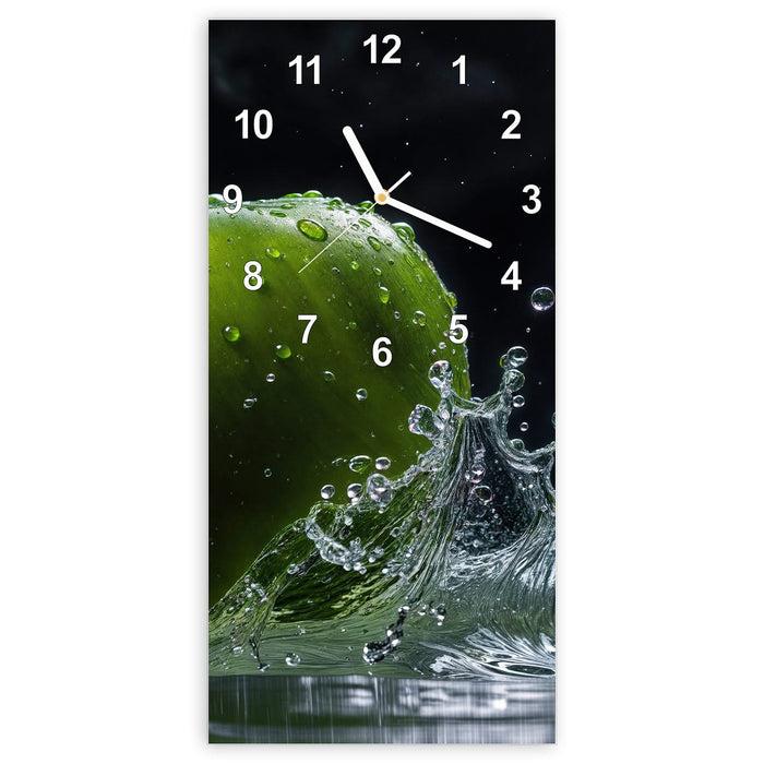 Wanduhr Apfel im Wasser aus Glas – Hochformat 30 × 60 cm mit Ziffernblatt Modern