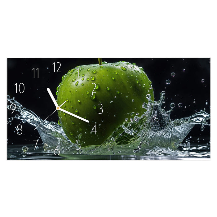 Wanduhr Apfel im Wasser aus Glas – Querformat 60 × 30 cm mit Ziffernblatt Elegant