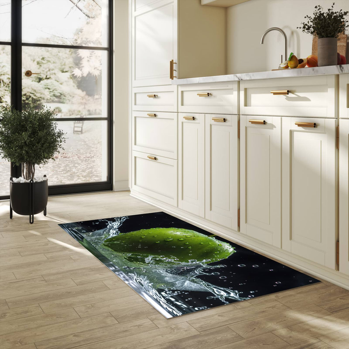Rutschfester Küchenteppich mit Motiv Apfel im Wasser in heller Küche schützt den Boden