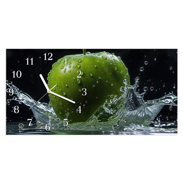Wanduhr Apfel im Wasser aus Glas – Querformat 60 × 30 cm mit Ziffernblatt Klassisch