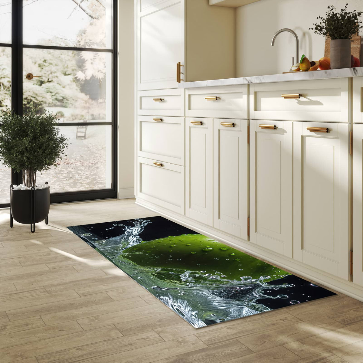 Waschbarer Bodenläufer Teppich mit Motiv Apfel im Wasser in heller Küche