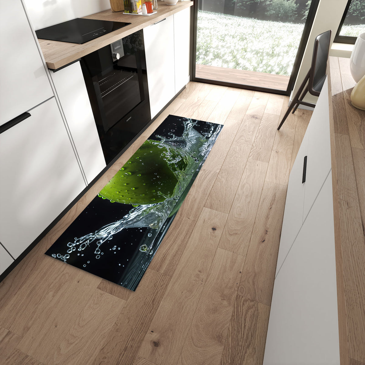 Flacher Küchenteppich mit Motiv Apfel im Wasser in moderner Küche
