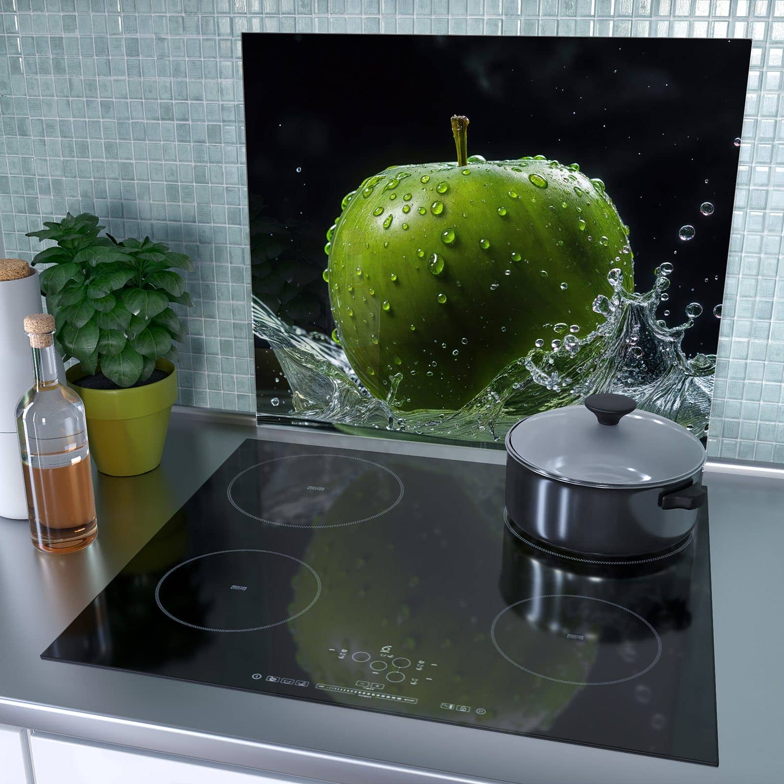 1-teilige Herdabdeckung mit Apfel im Wasser-Motiv als Spritzschutz hinter dem Kochfeld