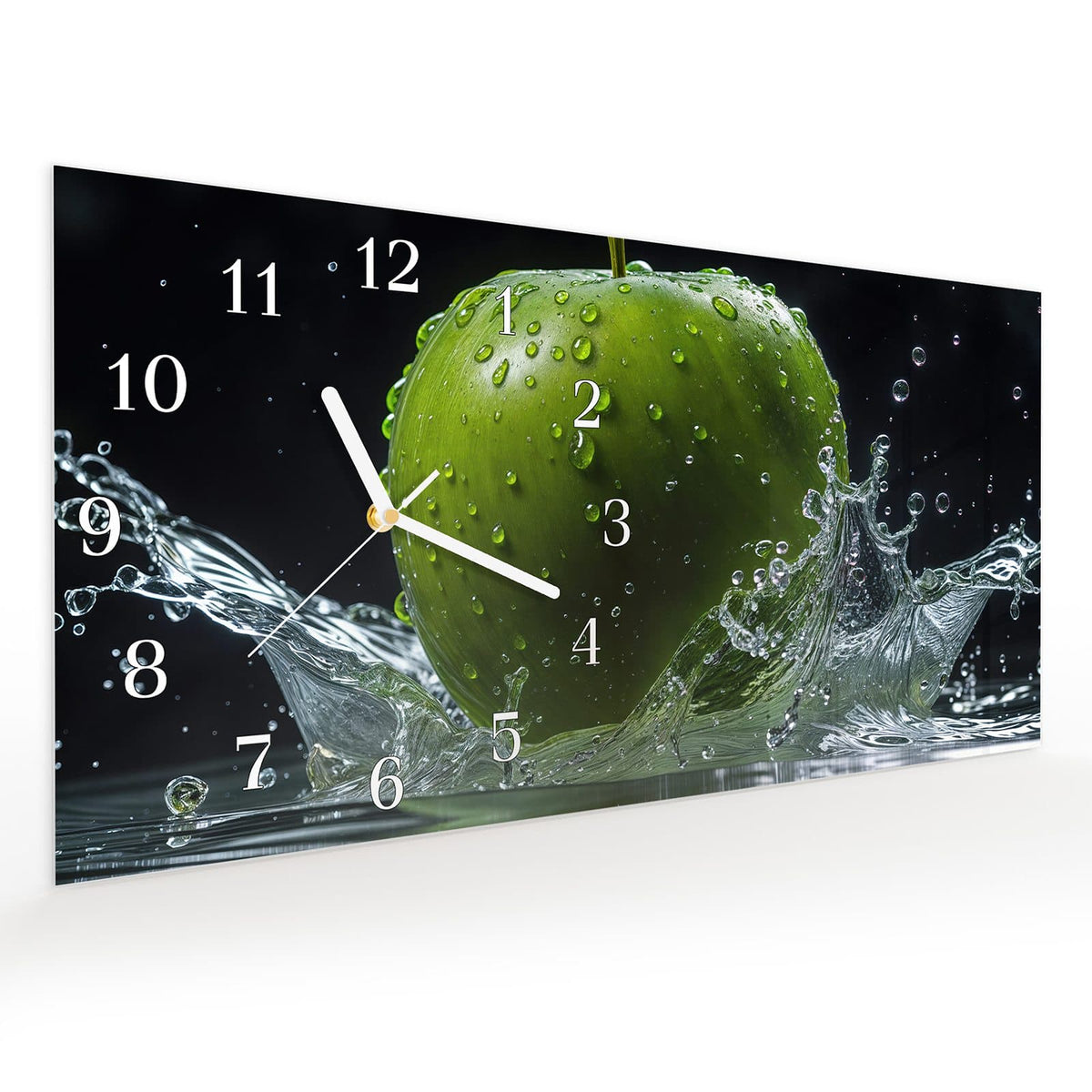 Vormontiert – mit Schwebeeffekt – Wanduhr Apfel im Wasser aus Glas – Querformat 60 × 30 cm