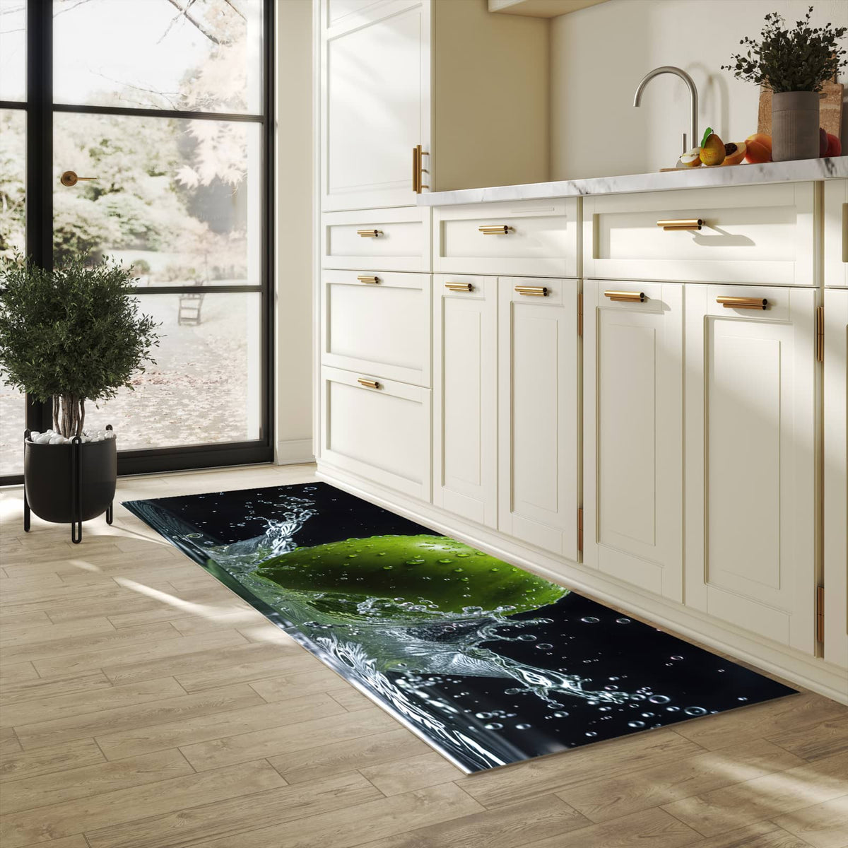Langlebiger Küchenteppich mit Motiv Apfel im Wasser in heller Küche