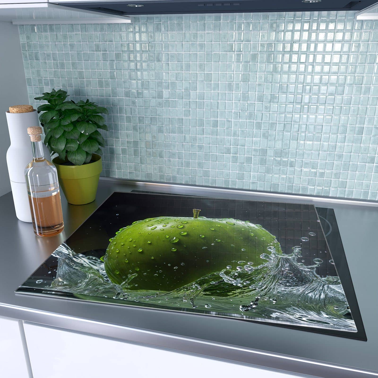 1-teilige Herdabdeckung aus Glas mit Apfel im Wasser-Motiv auf dem Ceranfeld