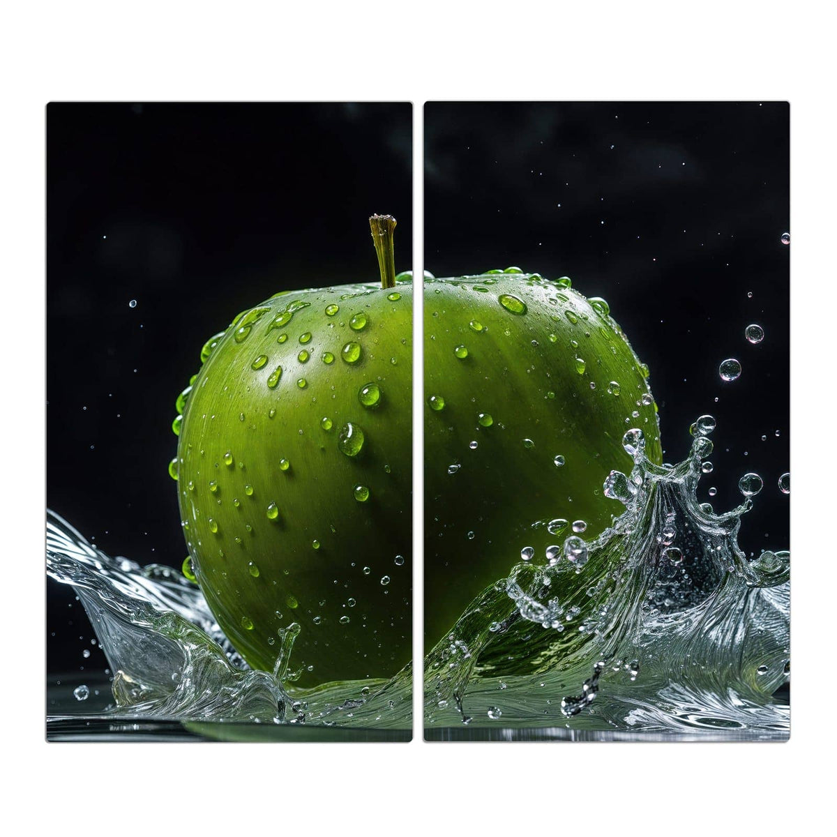 Grüner Apfel mit Tropfen taucht in aufspritzendes Wasser, schwarzer Grund