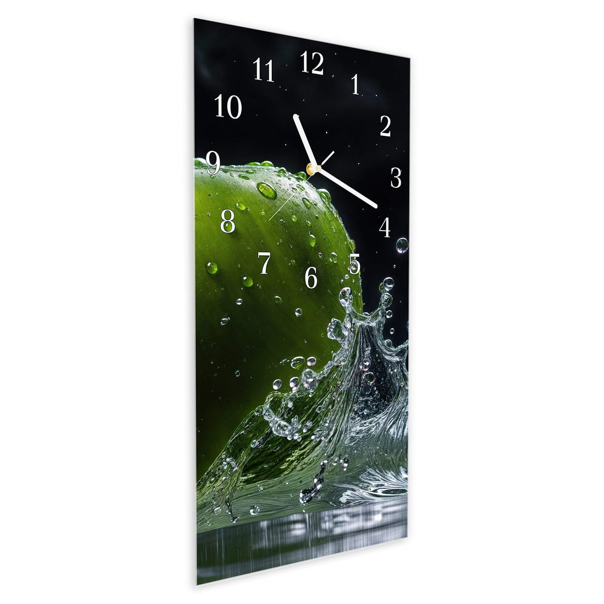 Vormontiert – mit Schwebeeffekt – Wanduhr Apfel im Wasser aus Glas – Hochformat 30 × 60 cm