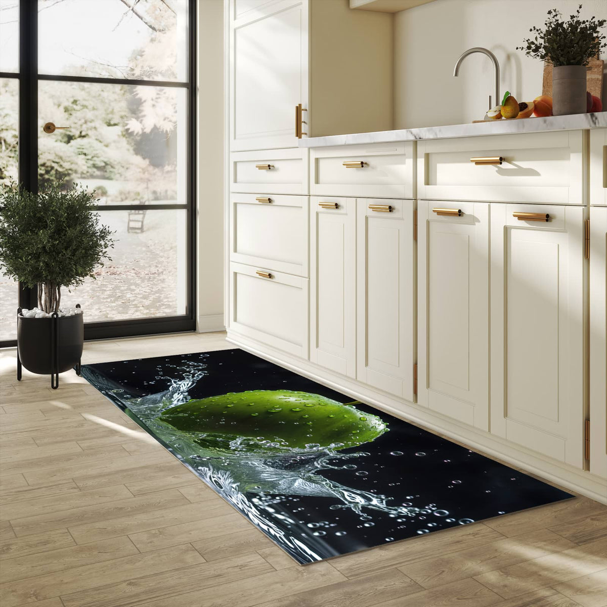 Küchenteppich mit Motiv Apfel im Wasser für Ordnung in heller Küche