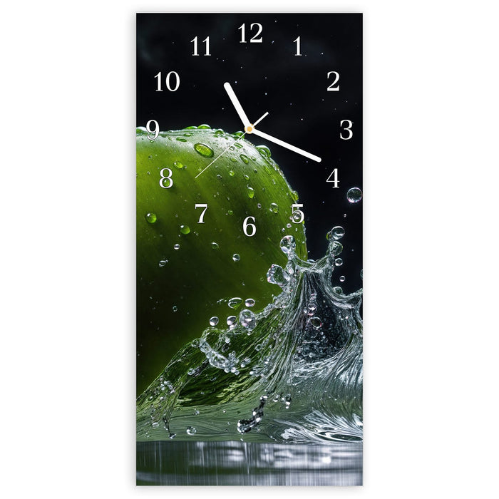 Wanduhr Apfel im Wasser aus Glas – Hochformat 30 × 60 cm mit Ziffernblatt Klassisch