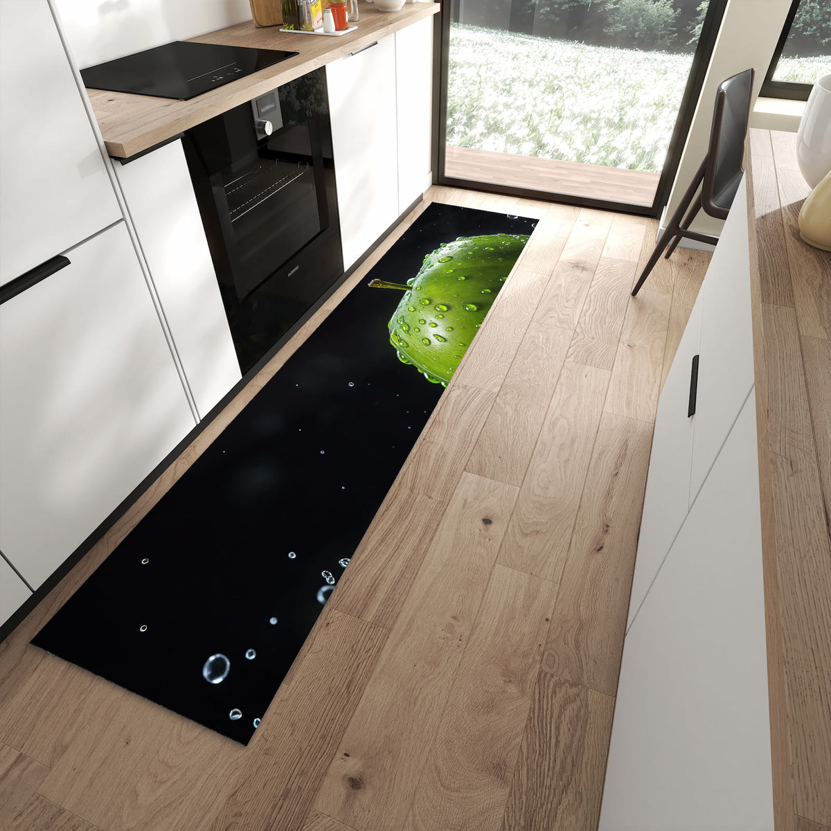 Komfortabler Küchenläufer mit Motiv Apfel im Wasser in moderner Küche