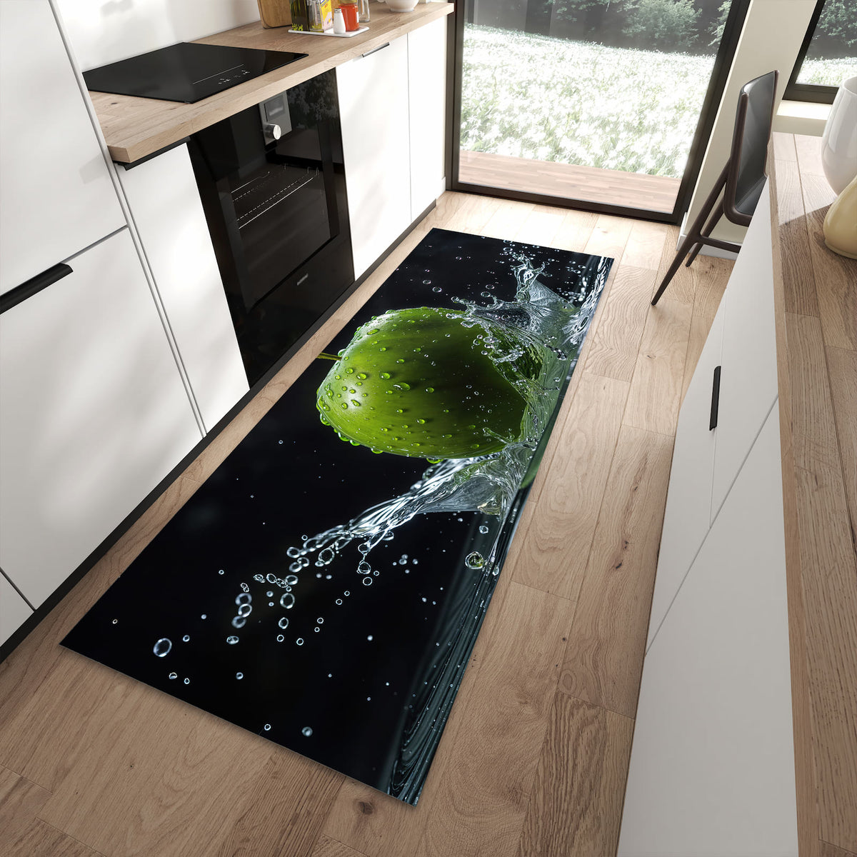 Rutschfester waschbarer Küchenläufer mit Motiv Apfel im Wasser in moderner Küche