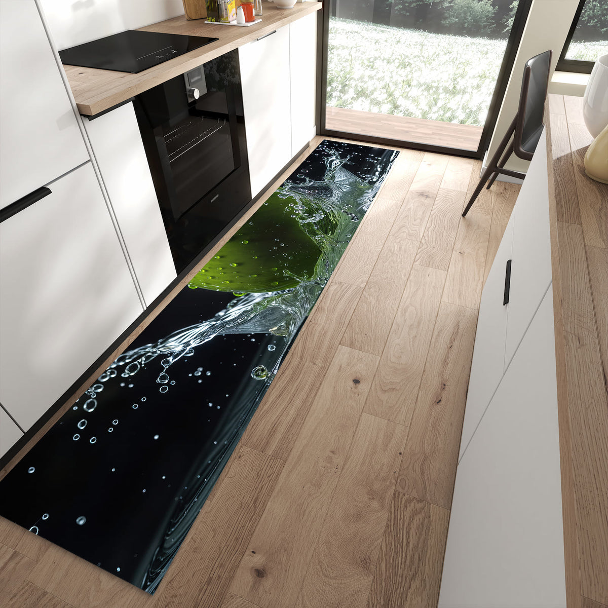 Rutschfester Küchenläufer mit Motiv Apfel im Wasser in moderner Küche