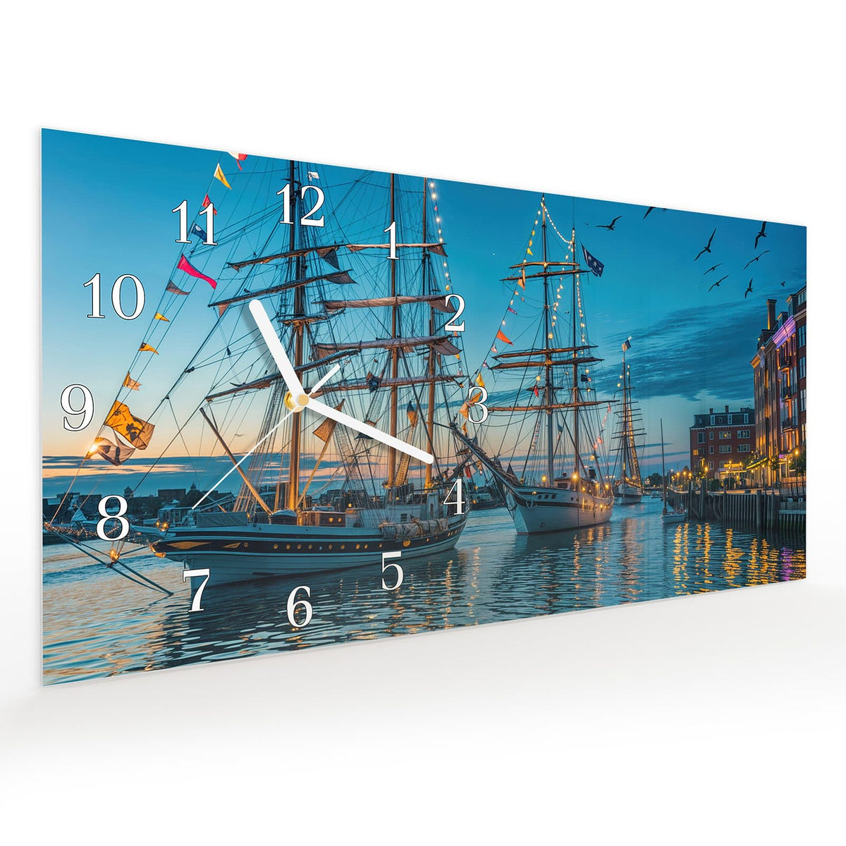 Vormontiert – mit Schwebeeffekt – Wanduhr Schiffe im Hafen aus Glas – Querformat 60 × 30 cm