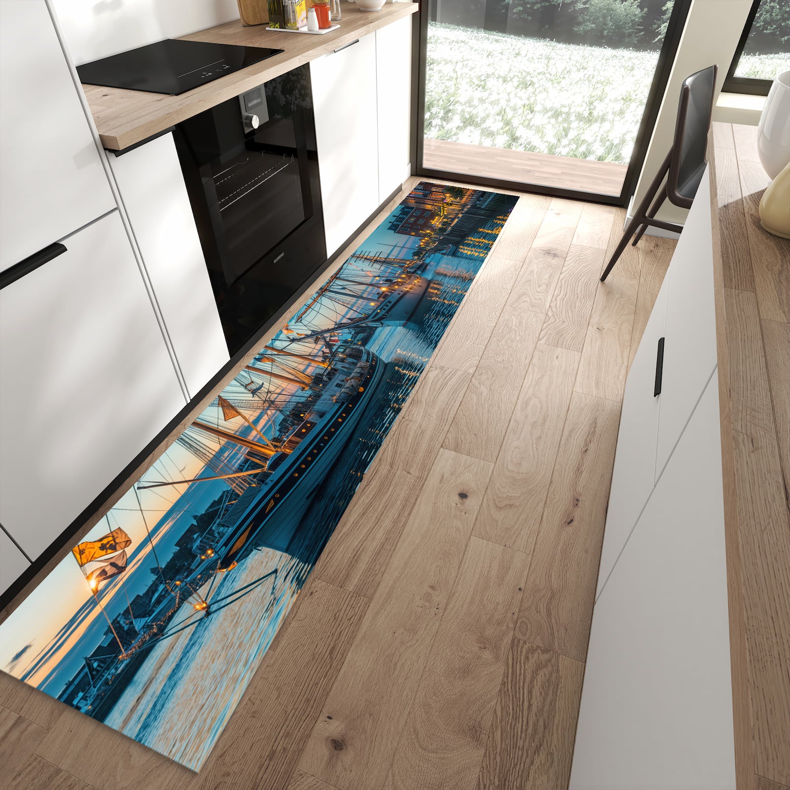Zeitsparender moderner Küchenläufer mit Motiv Schiffe im Hafen in moderner Küche
