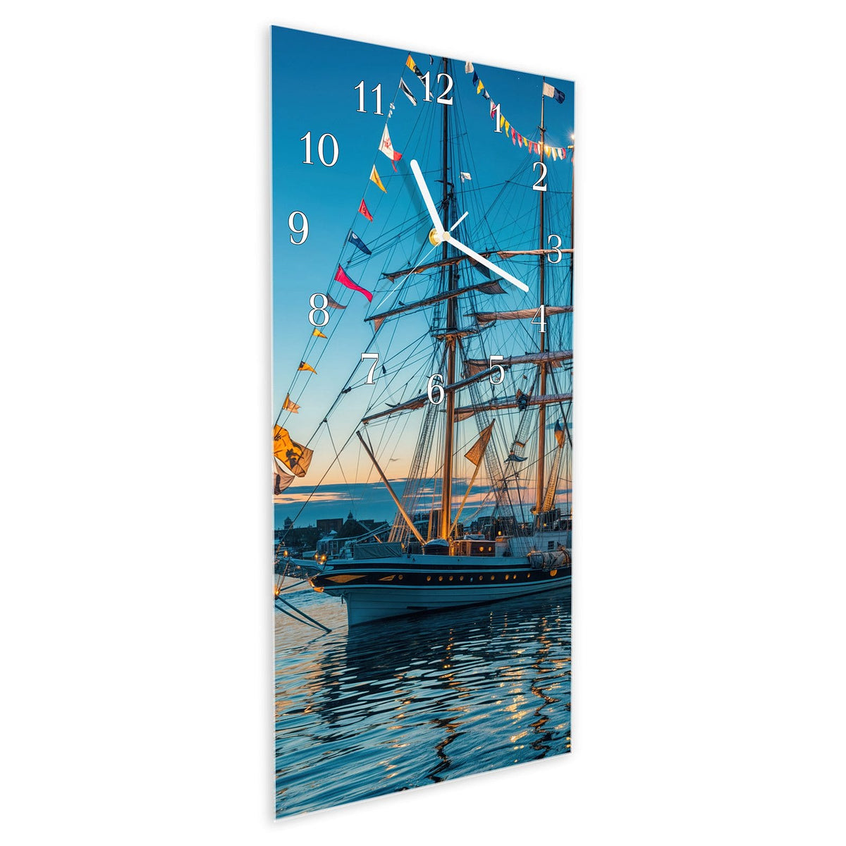 Vormontiert – mit Schwebeeffekt – Wanduhr Schiffe im Hafen aus Glas – Hochformat 30 × 60 cm