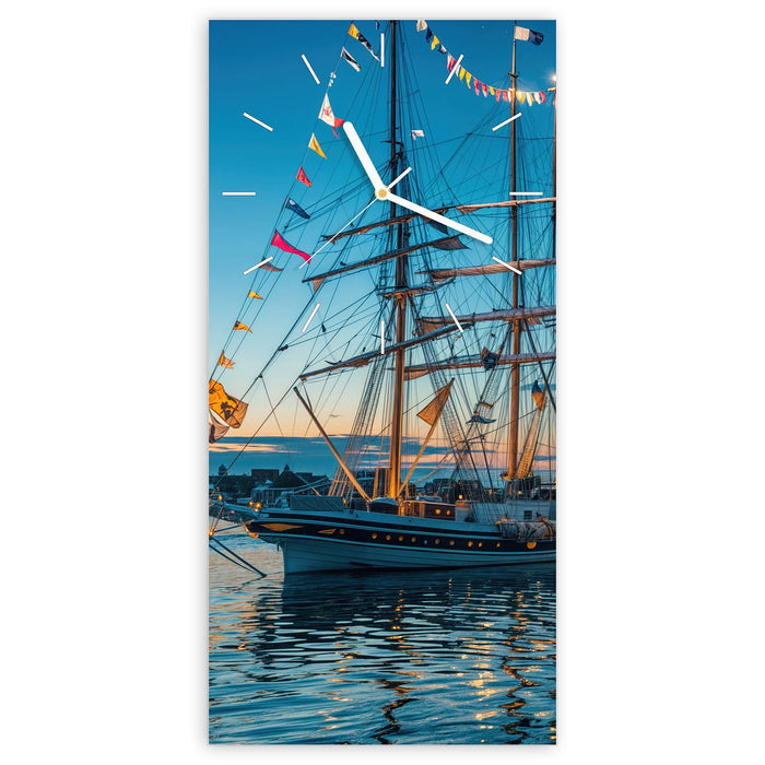 Wanduhr Schiffe im Hafen aus Glas – Hochformat 30 × 60 cm mit Ziffernblatt Linie
