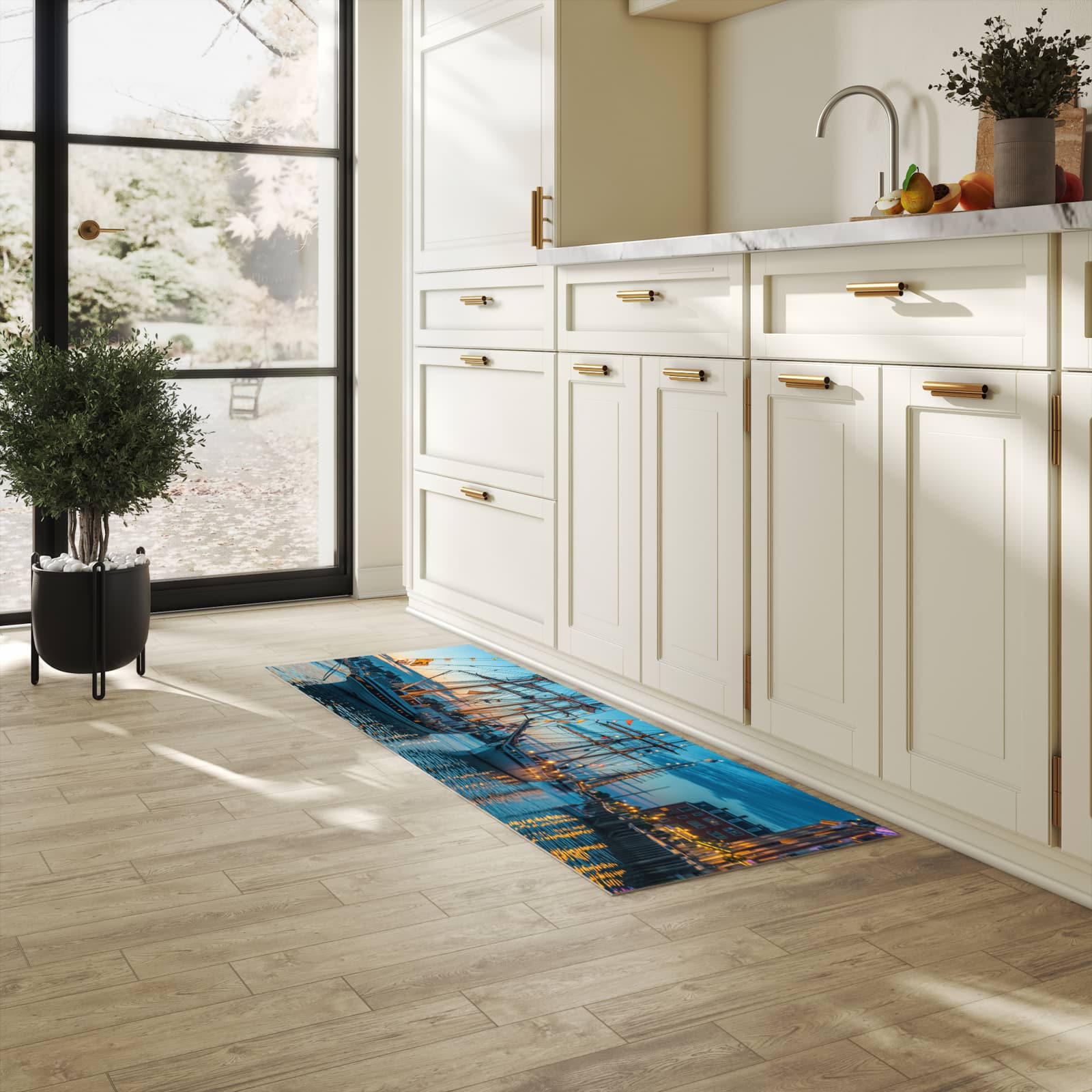 Zeitsparender Küchenteppich mit Motiv Schiffe im Hafen in heller Küche