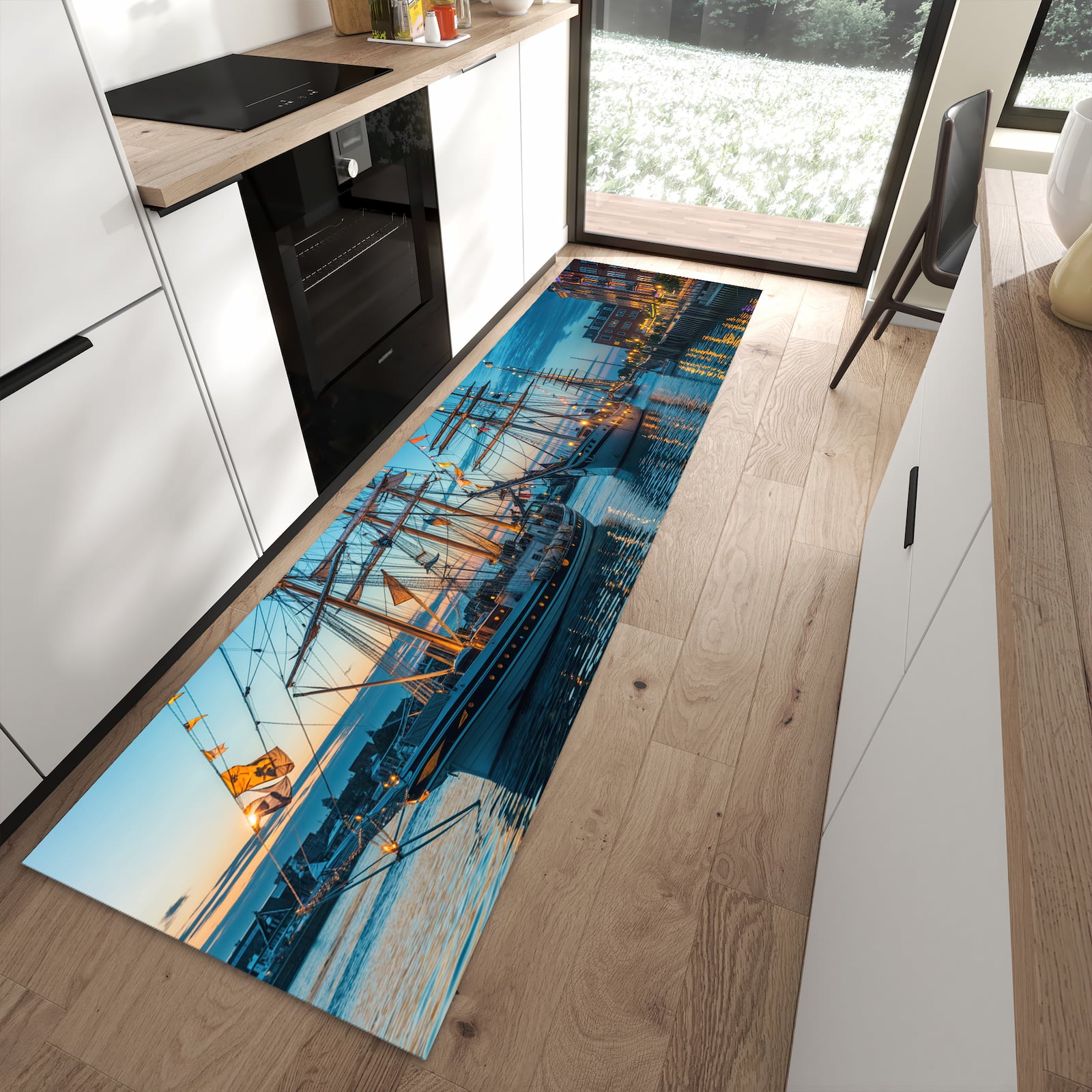 Komfortabler Küchenteppich mit Motiv Schiffe im Hafen in moderner Küche