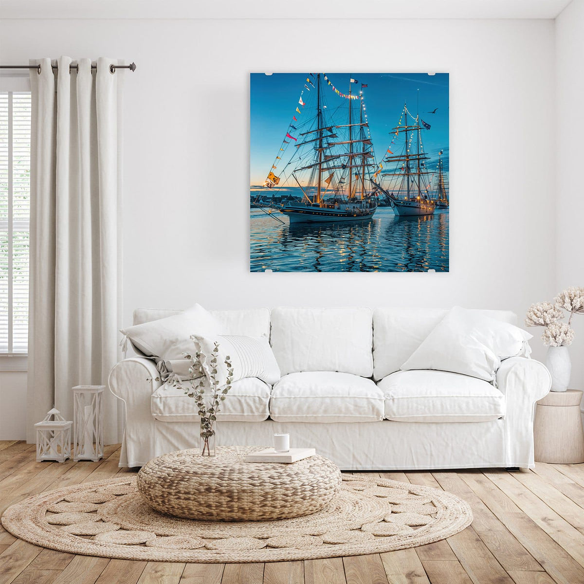 Glasbild Schiffe im Hafen an der Wand – Zwei Großsegler mit Wimpelketten und Lichtern im Hafen zur blauen Stunde