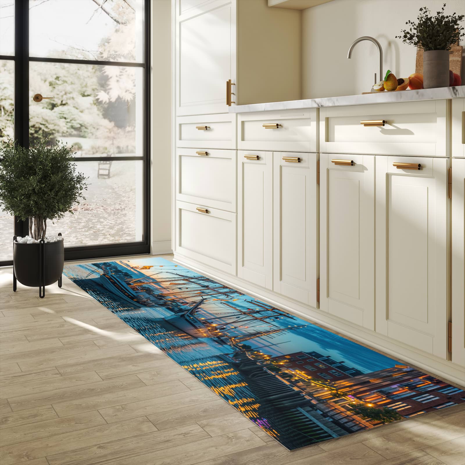 Geruchsneutraler langer Teppich mit Motiv Schiffe im Hafen in heller Küche