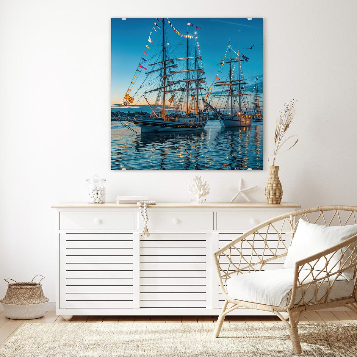 Echtglas, 4 mm – kein Acryl, keine Folie – Wandbild - Schiffe im Hafen - Quadratisch