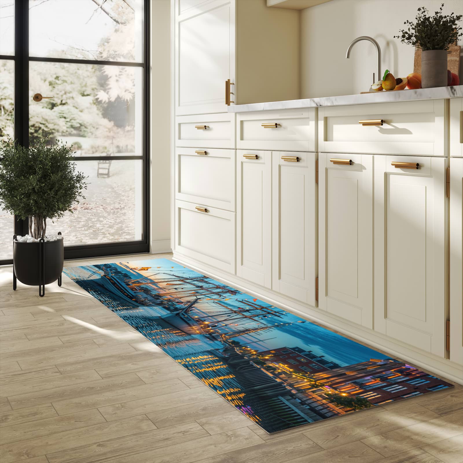 Schmutzabweisender waschbarer Küchenläufer mit Motiv Schiffe im Hafen in heller Küche