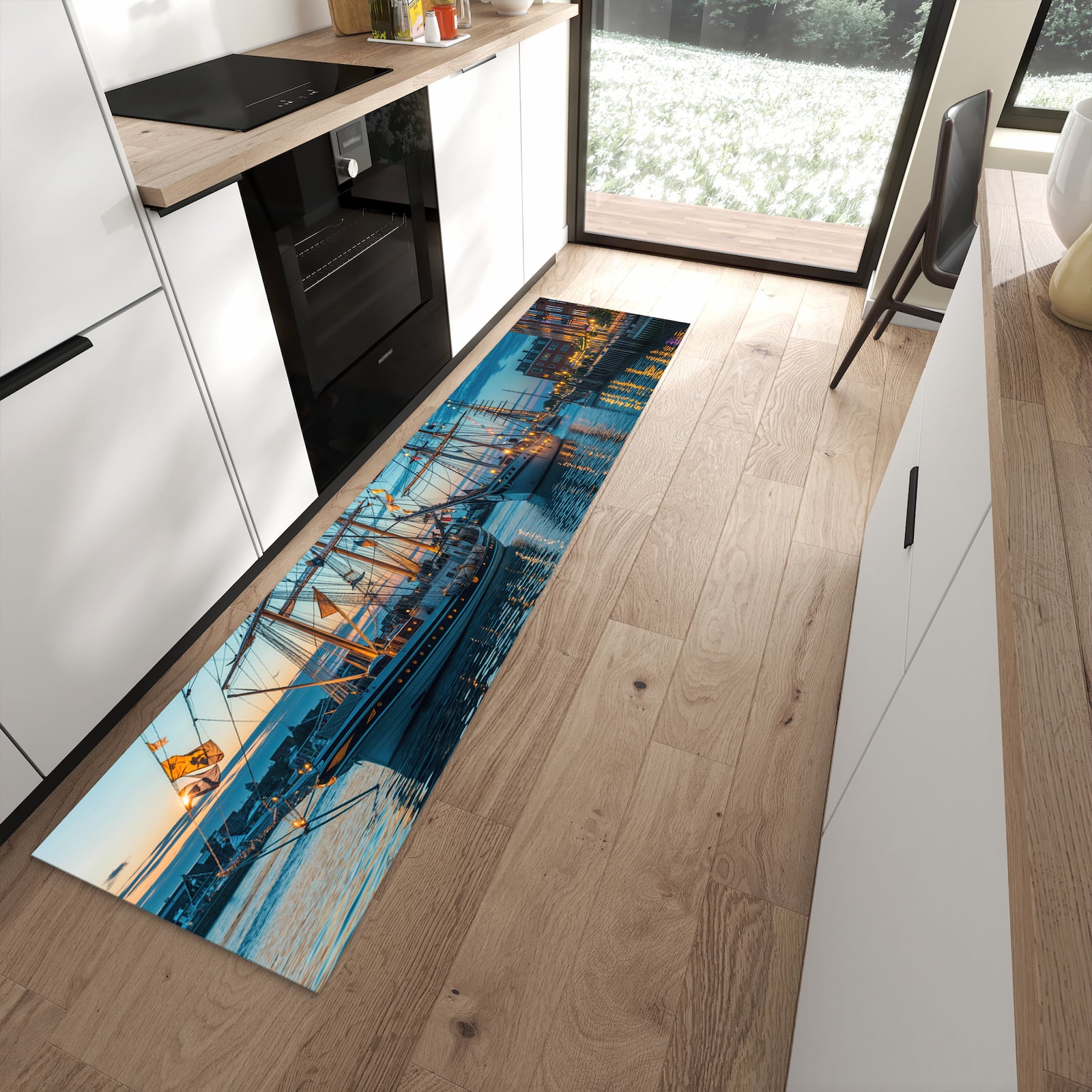 Formstabiler Küchenläufer nach Maß mit Motiv Schiffe im Hafen in moderner Küche