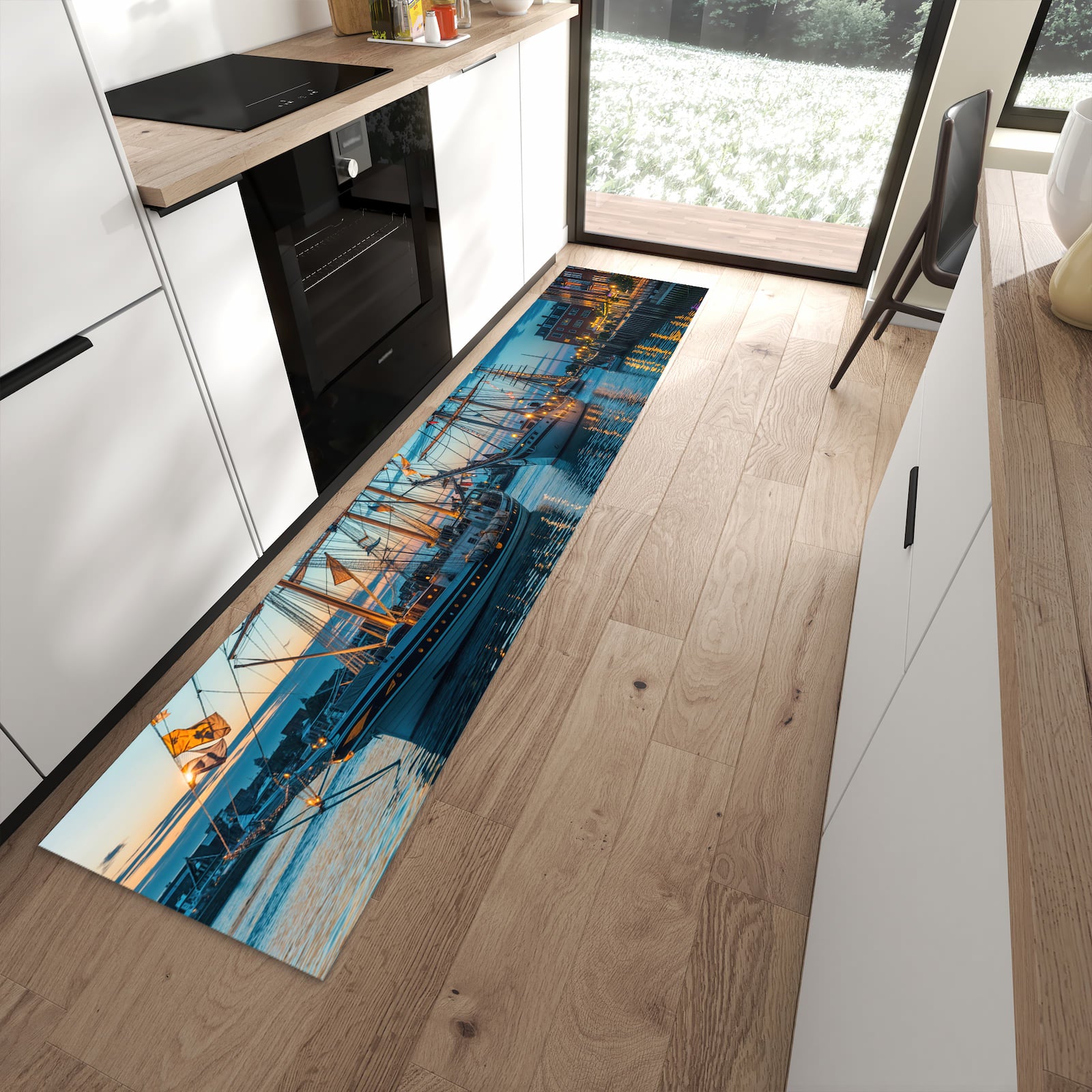 Waschbarer Küchenläufer mit Motiv Schiffe im Hafen in moderner Küche für sichere Aufbewahrung