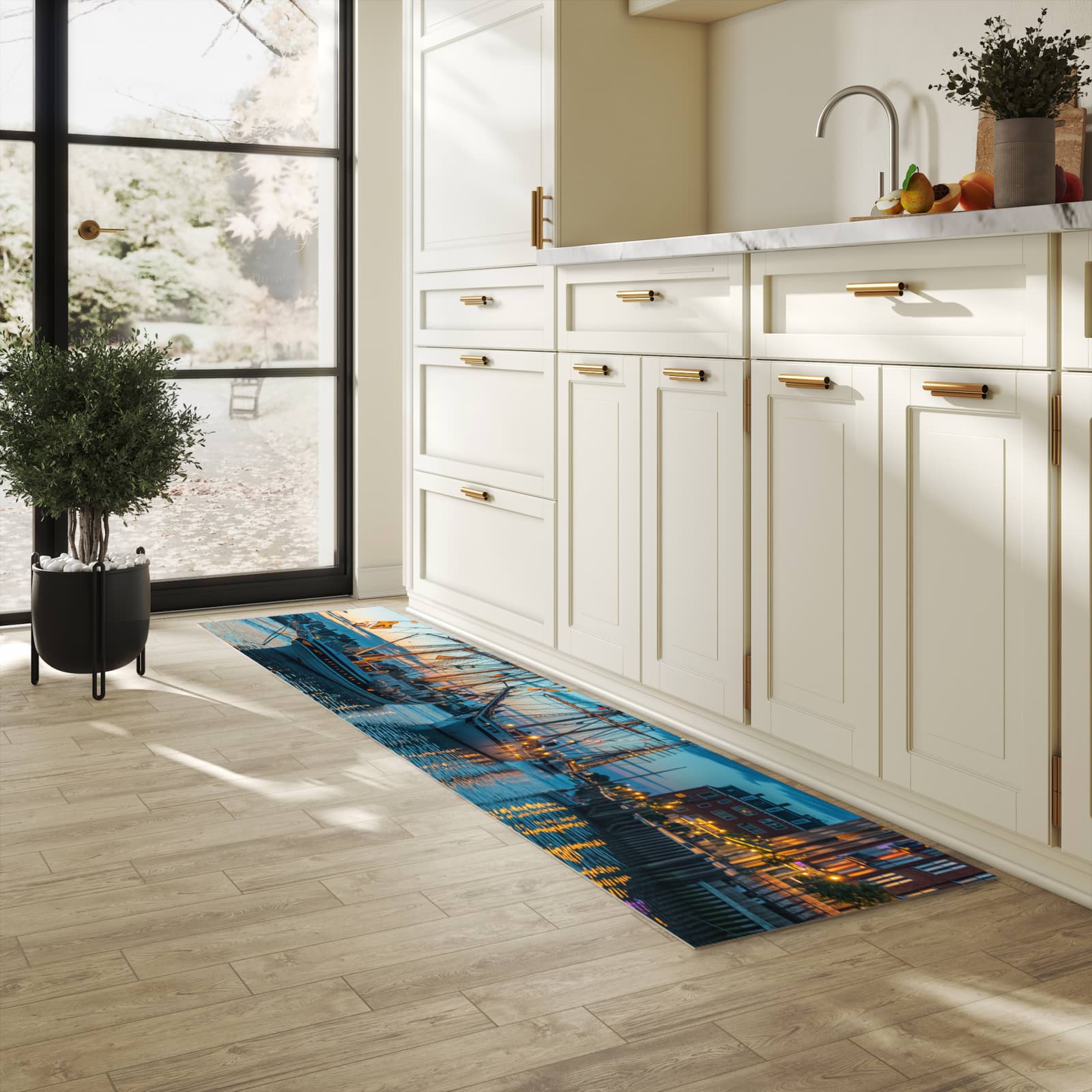 Abriebfester waschbarer Teppich Küche mit Motiv Schiffe im Hafen in heller Küche