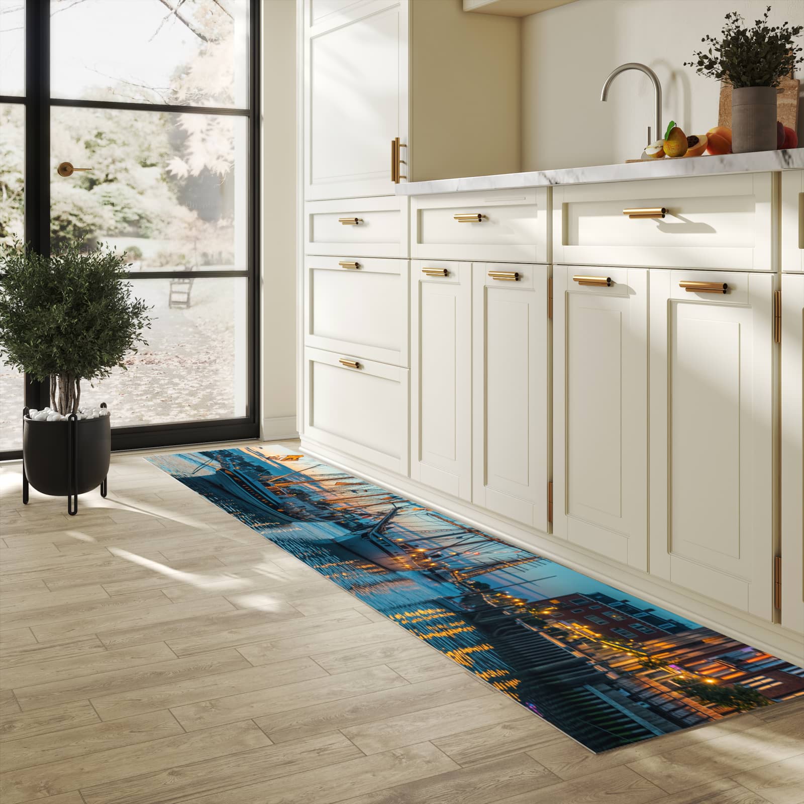 UV-beständiger Küchenläufer mit Motiv Schiffe im Hafen in heller Küche