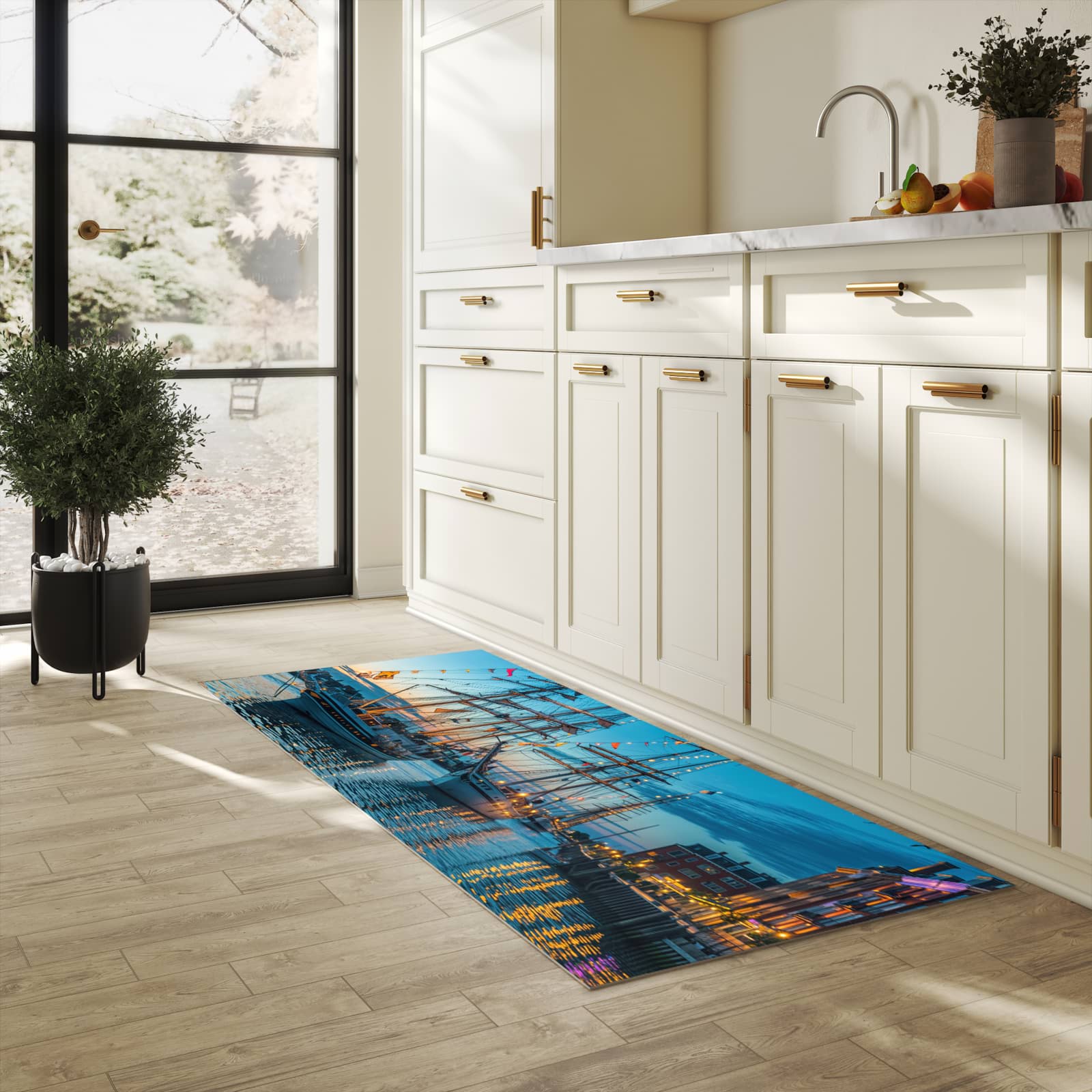 Wasserabweisender Teppichläufer mit Motiv Schiffe im Hafen in heller Küche