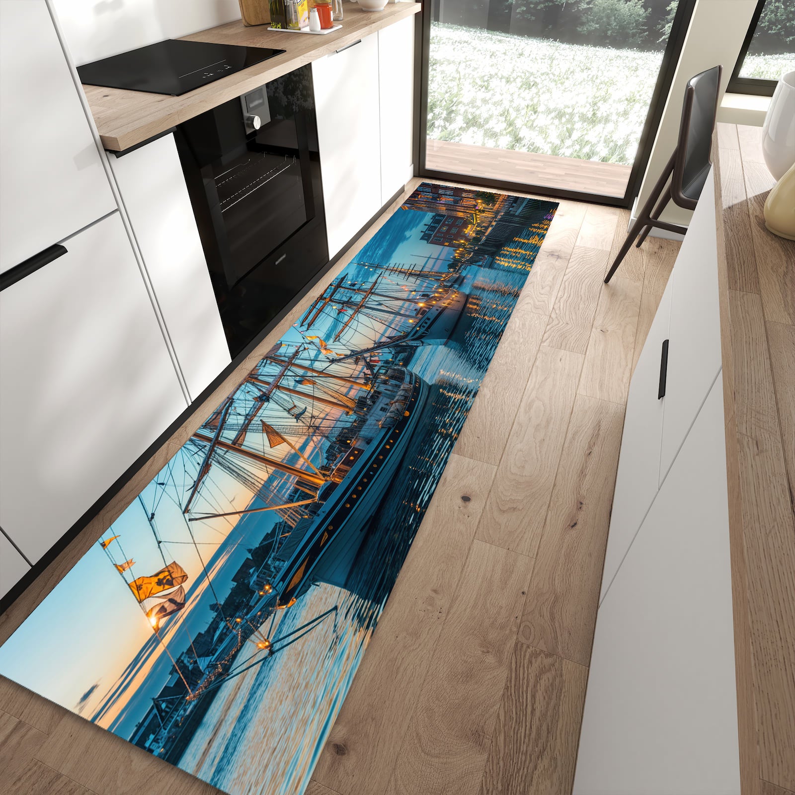 Wasserabweisender Teppich für Küche mit Motiv Schiffe im Hafen in moderner Küche