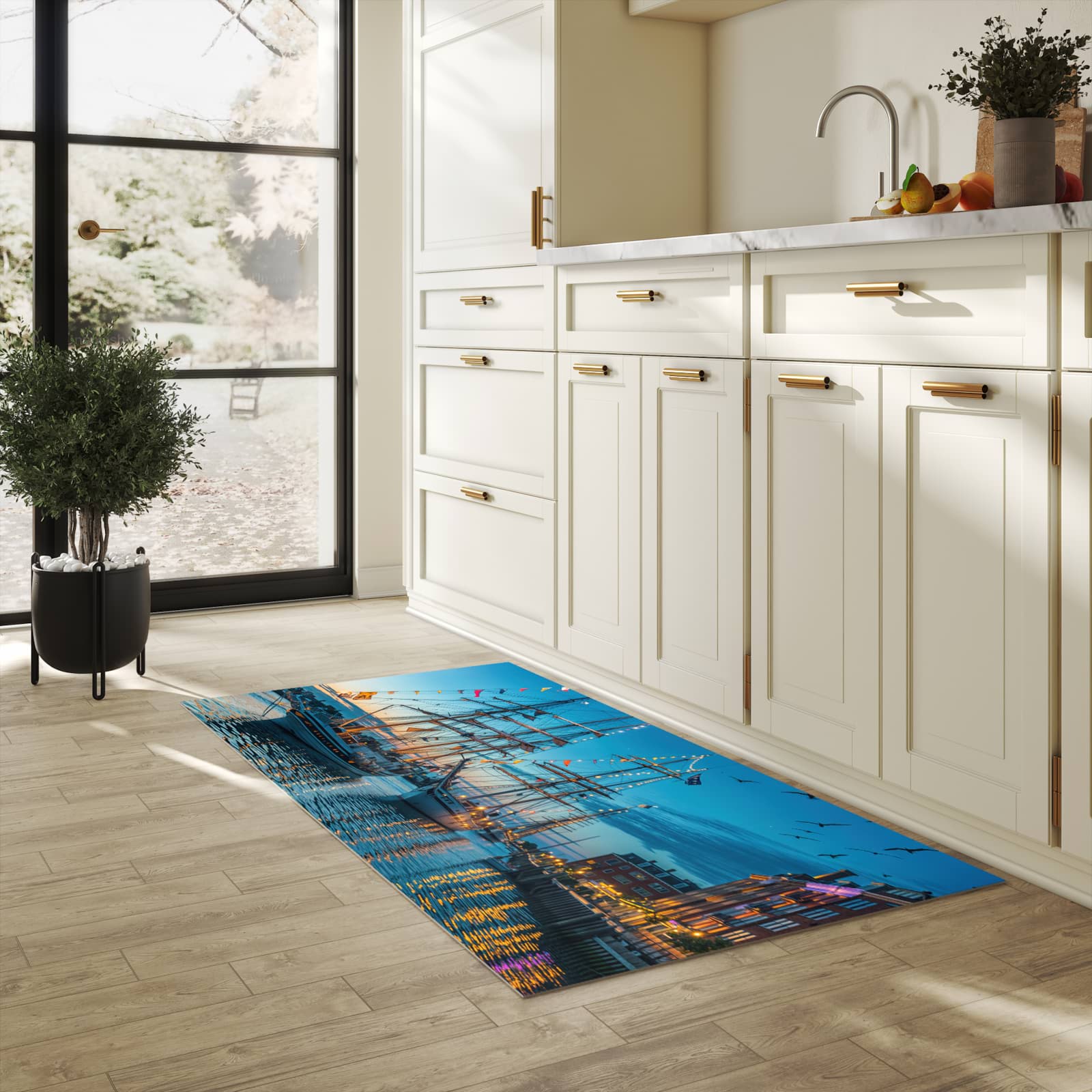 Langlebiger Läufer mit Motiv Schiffe im Hafen für Eingangsbereich in heller Küche