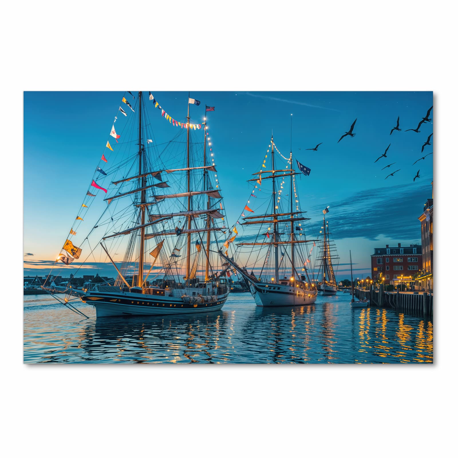 Feuchtigkeitsresistenter dünner Teppich mit Motiv Schiffe im Hafen in Frontansicht, waschbar