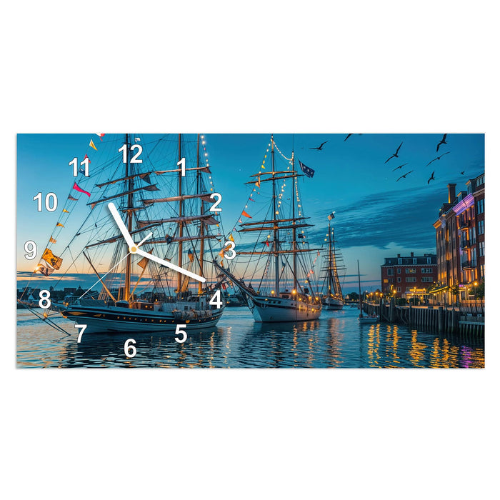 Wanduhr Schiffe im Hafen aus Glas – Querformat 60 × 30 cm mit Ziffernblatt Modern