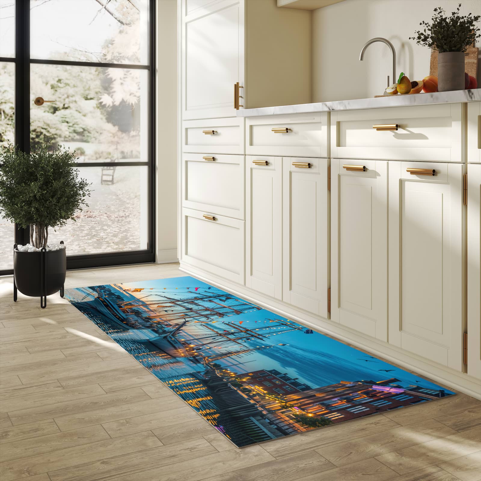 Flacher Läufer mit Motiv Schiffe im Hafen für rutschfesten Halt in heller Küche