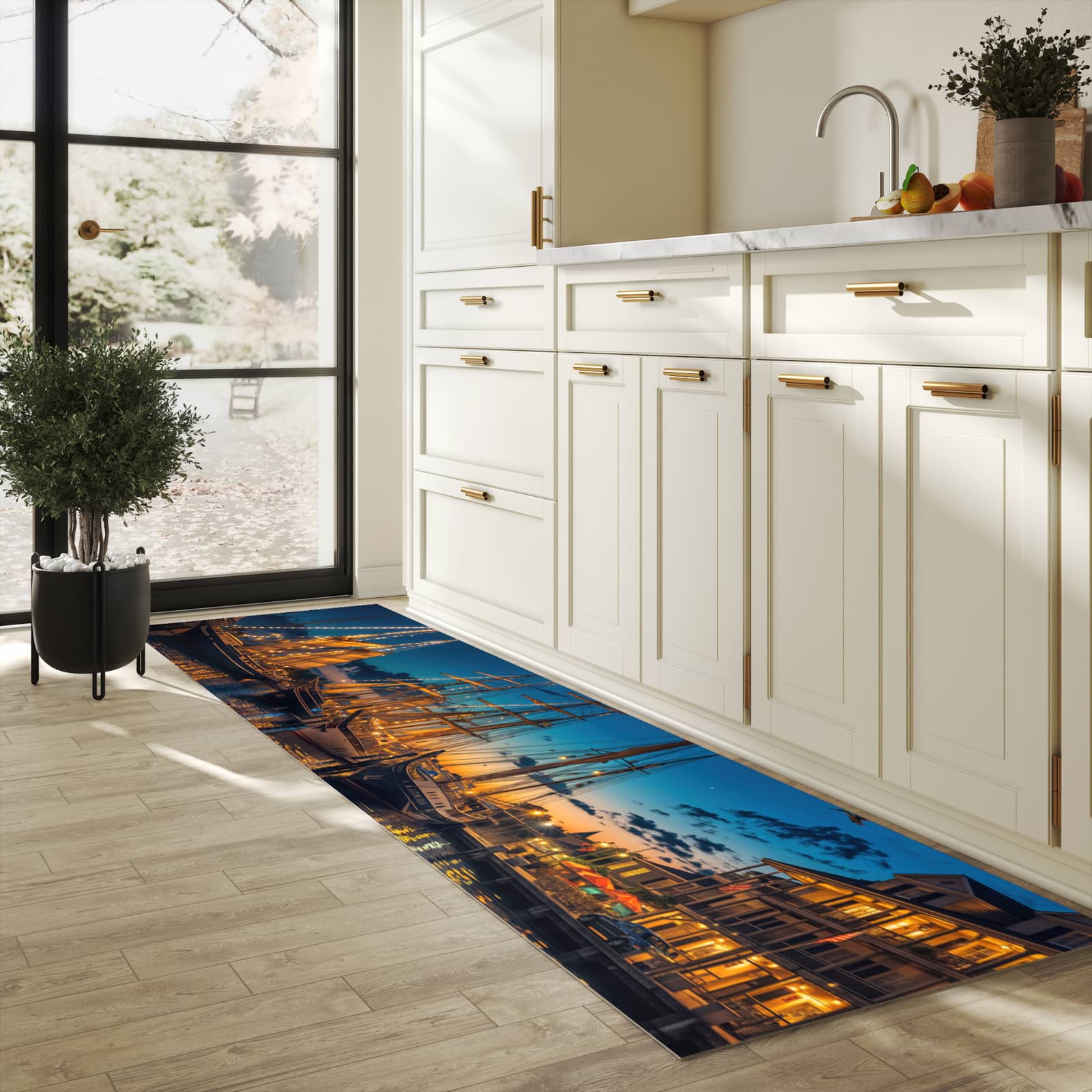 Küchenteppich mit Motiv Nachthafen für Ordnung & Übersicht in heller Küche