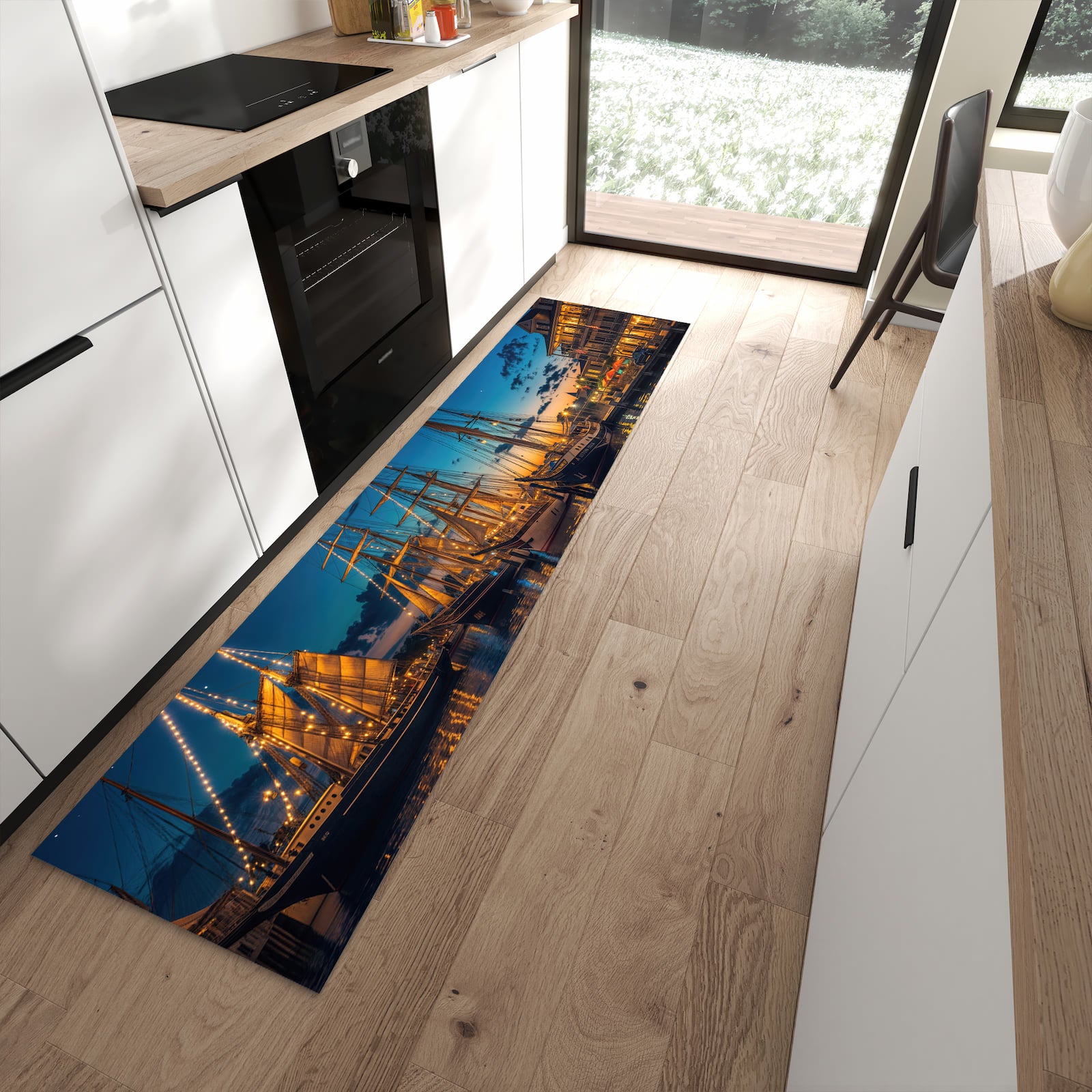 Rutschfester waschbarer Küchenteppich mit Motiv Nachthafen in moderner Küche
