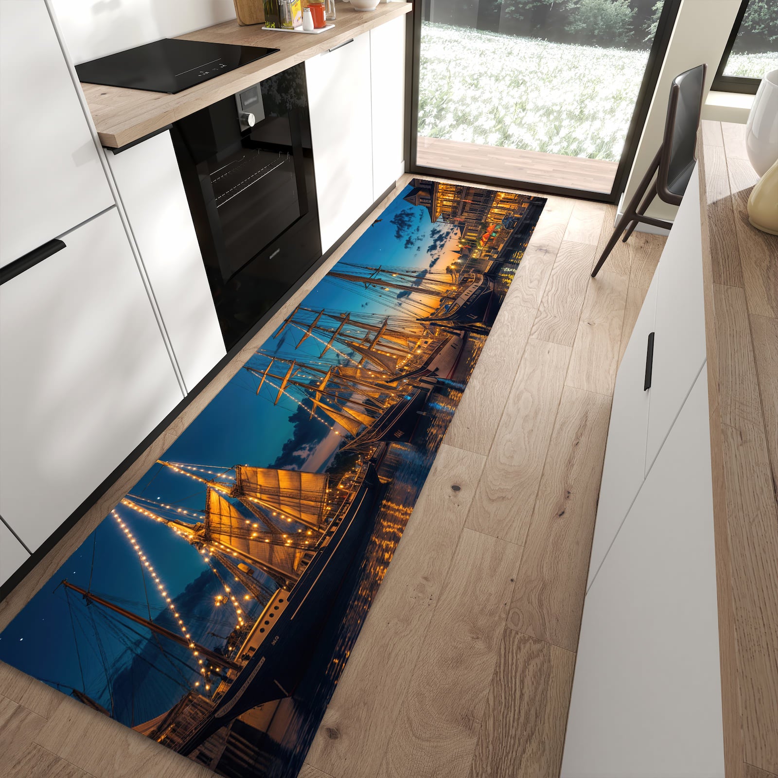 Rutschfester Küchenläufer mit Motiv Nachthafen in moderner Küche