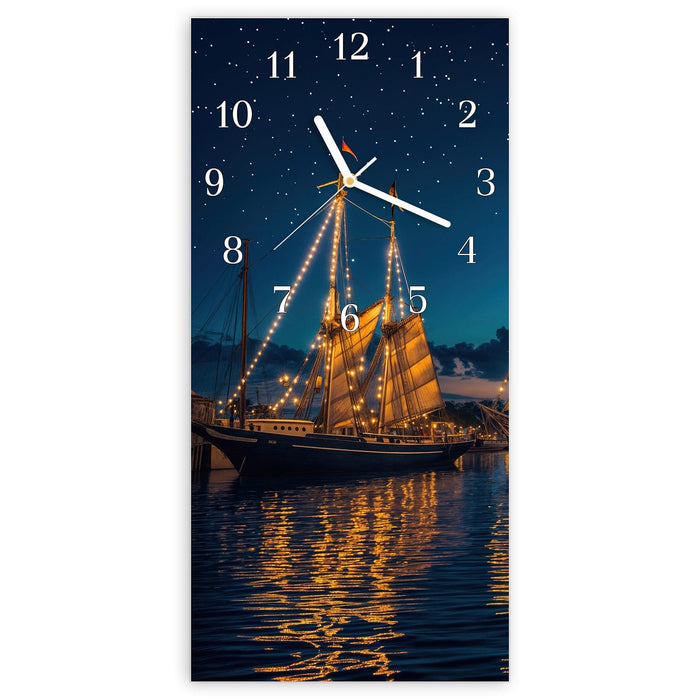 Wanduhr Nachthafen aus Glas – Hochformat 30 × 60 cm mit Ziffernblatt Klassisch